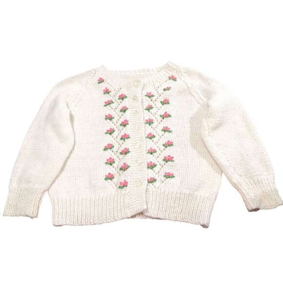 Vintage Girls Cardigan Sweater Handmade White Pink Embroidered Flowers Buttons - Picture 1 of 3